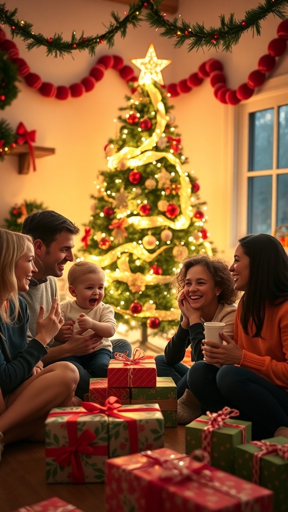 A family gathered around a Christmas tree, sharing joy and laughter.